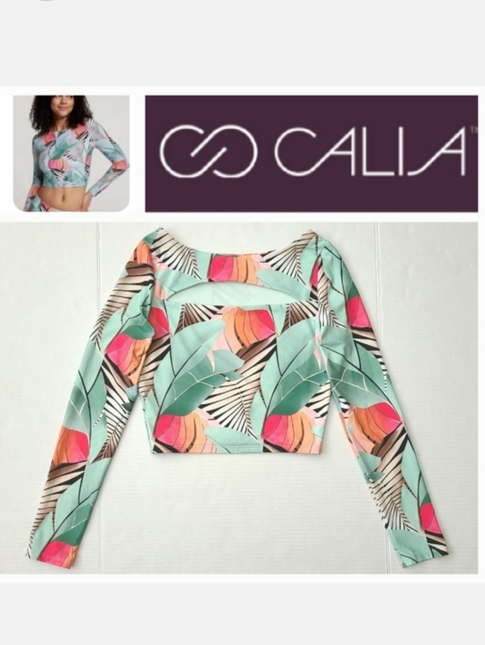 CALIA Swim Long Sleeve Crop Top Rashguard Desert Flora Agave Leaf Sz XS NWOT